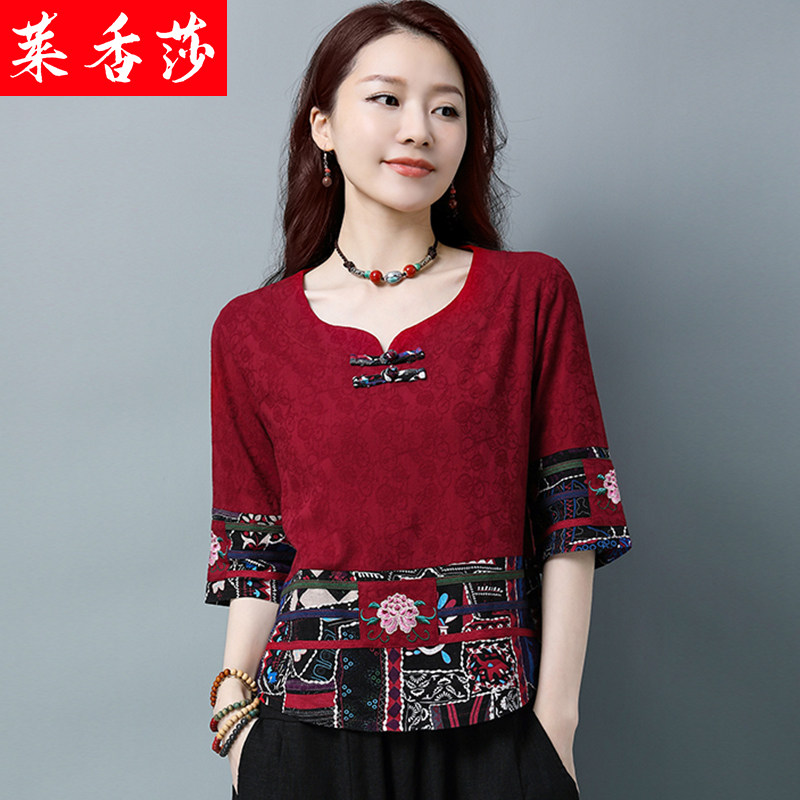 妈妈款夏装宽松大码棉麻唐装上衣女民族风刺绣提花亚麻五分袖T恤