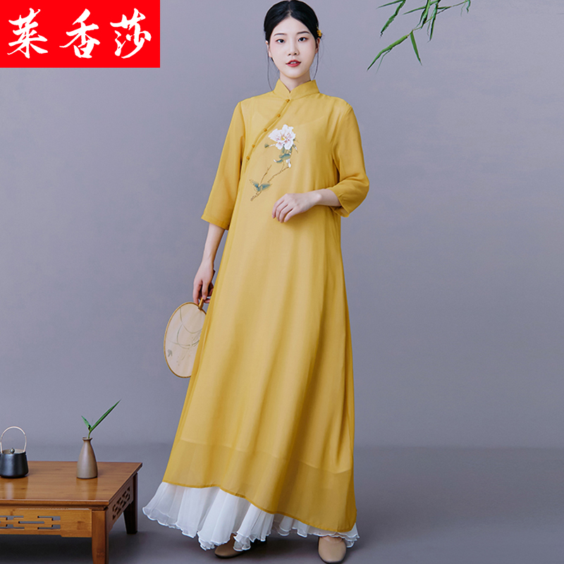 中国风禅修服女汉服夏装改良版旗袍长裙禅意茶服雪纺连衣裙两件套