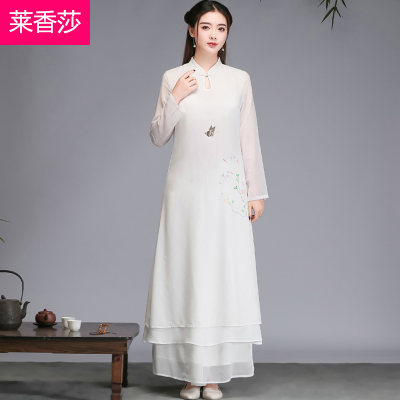 雪纺茶服禅修服居士服中国风禅意女装汉服改良版旗袍连衣裙两件套