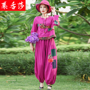 春秋民族风棉麻套装女复古唐装中国风长袖上衣阔腿裤亚麻两件套女