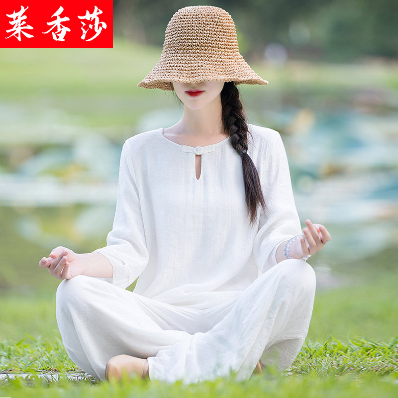 唐装女夏棉麻套装中国风禅意女装复古茶服禅修服打坐居士服两件套