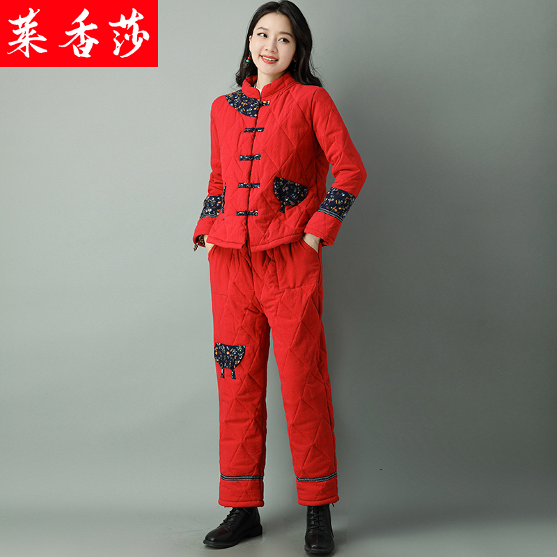中国风复古唐装棉麻棉袄套装女冬季民族风夹棉加厚棉衣棉裤两件套