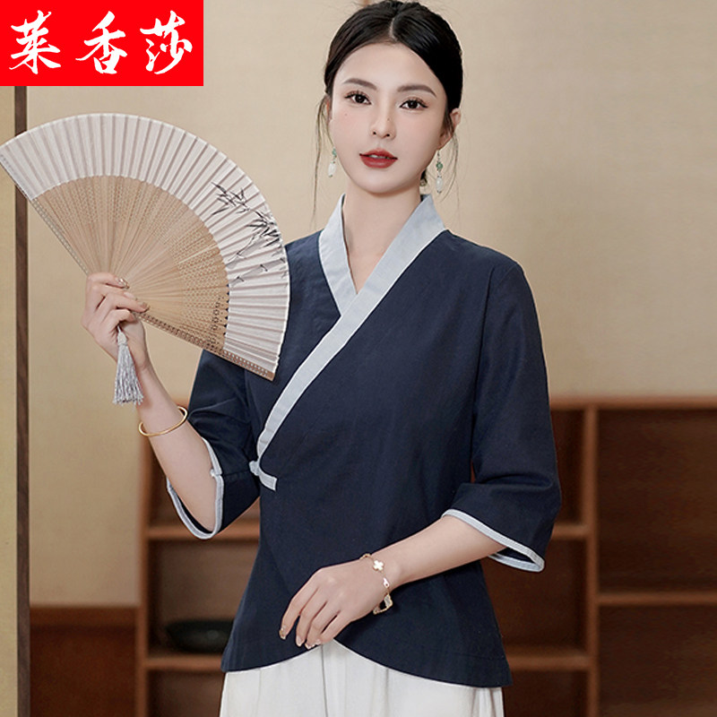 民国风日常改良汉服交领上衣女夏中式唐装棉麻短款禅服禅意茶人服