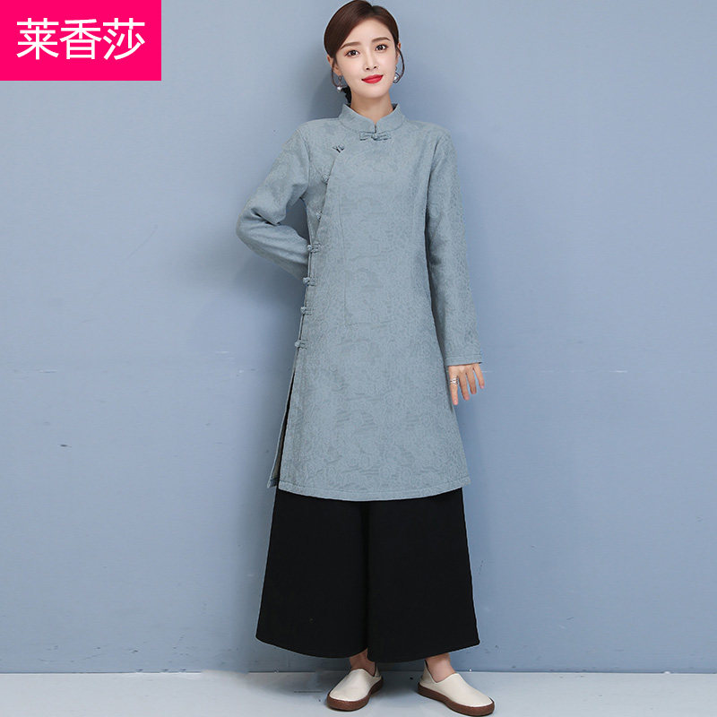 秋冬加绒加厚禅修服居士服中国风禅意女装复古唐装棉麻茶服两件套