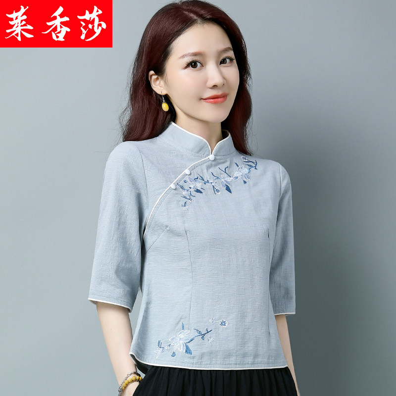 民国风复古唐装短款棉麻茶服女夏中国风汉服改良旗袍上衣中式套装