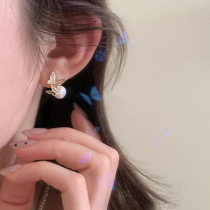 韩版镶钻纷飞蝴蝶珍珠耳钉女时尚气质高级感小众百搭高级感耳饰潮
