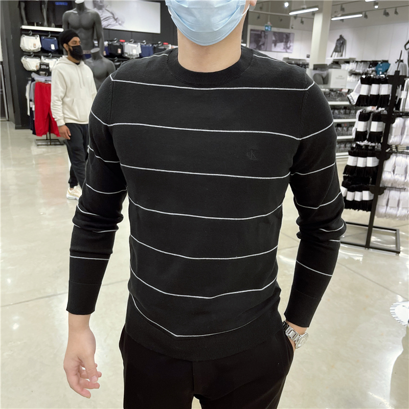 CK纯棉圆领横条纹套头针织衫