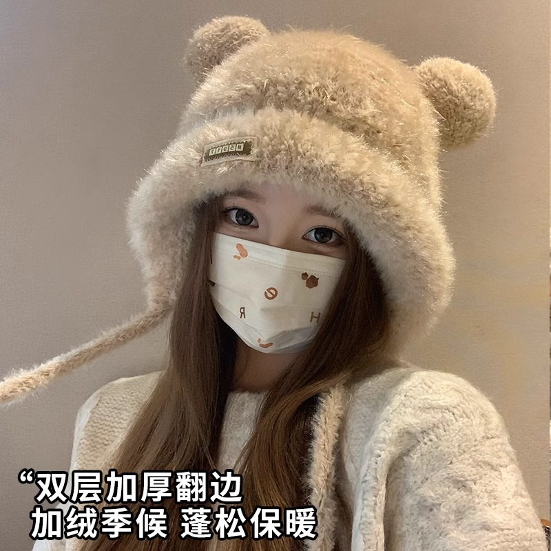 毛绒针织帽女可爱小熊耳朵显脸小