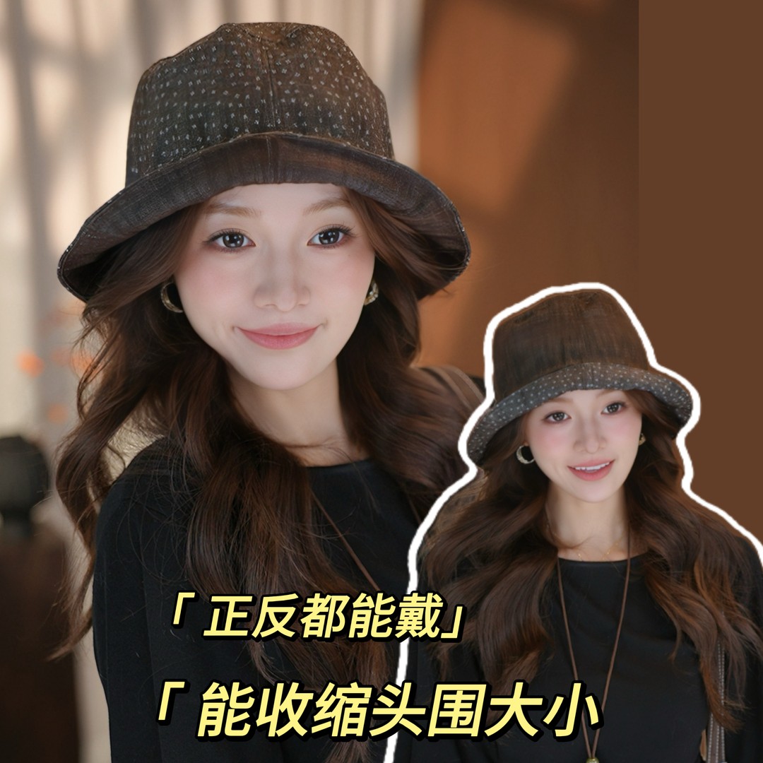 日系复古文艺小碎花渔夫帽子女双面戴显脸小盆帽时尚气质遮阳帽潮