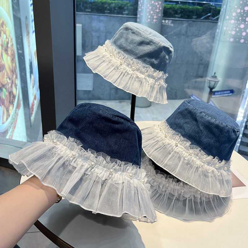 2026新款牛仔蕾丝珍珠盆帽女夏季防晒遮阳帽子大头围显脸小渔夫帽