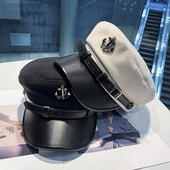 韩版 船锚平顶画家帽 复古皮檐朋克海军风水手帽子女秋冬显脸小美式