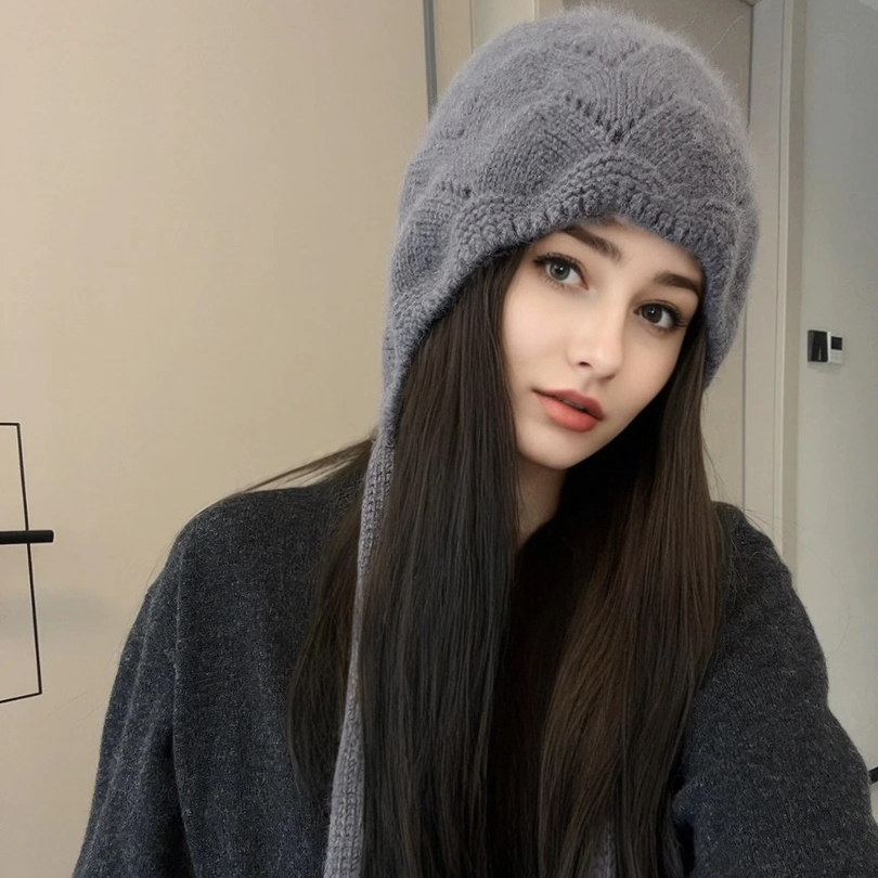 灰色针织护耳帽百搭显脸小毛线帽