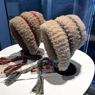 冬季毛线帽子女韩版杂色多巴胺护耳帽显脸小针织帽毛绒保暖包头帽