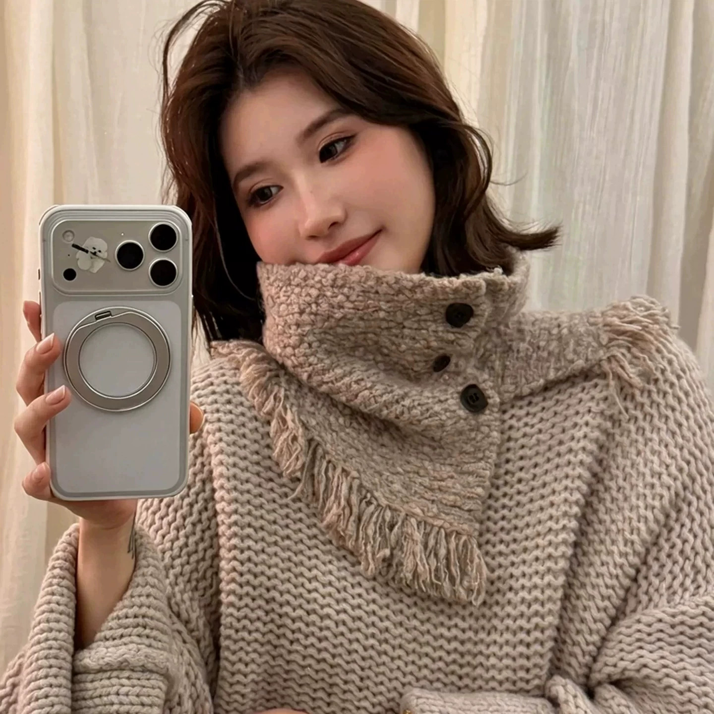 韩系高领流苏毛边纽扣针织围脖女