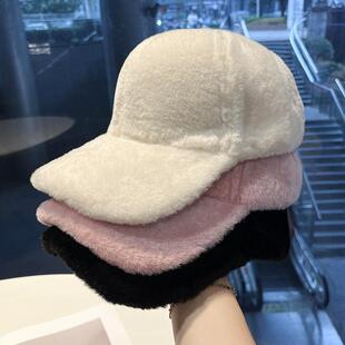 韩版兔毛绒棒球帽子女秋冬季保暖纯色帽男百搭毛绒绒显脸小鸭舌帽