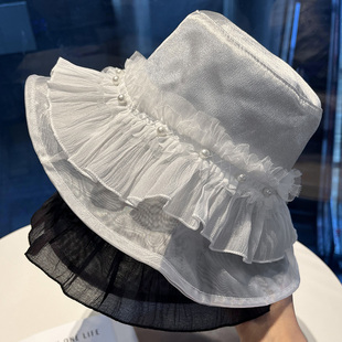 珍珠蕾丝花边渔夫帽女夏季薄款透气显脸小盆帽大头围遮阳防晒帽子