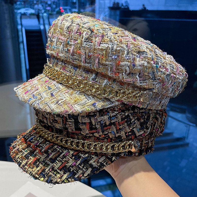 名媛风亮丝彩线ins潮链条平顶帽女韩版英伦欧美画家鸭舌贝雷帽潮