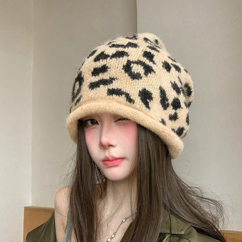 韩系复古豹纹针织堆堆帽女显脸小