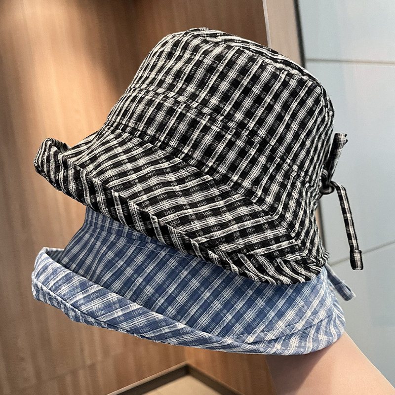 韩系格纹渔夫帽女春夏防晒宽檐