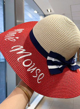 草帽女夏蝴蝶结盆帽拼接大帽檐遮阳帽夏天沙滩防晒帽时尚红色凉帽
