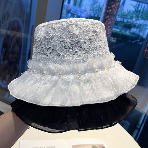 珍珠蕾丝网纱渔夫帽夏季薄款