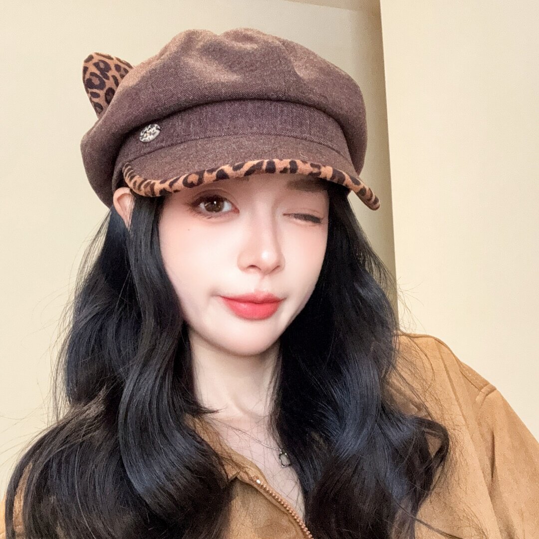 复古豹纹猫耳八角帽子秋冬显脸小