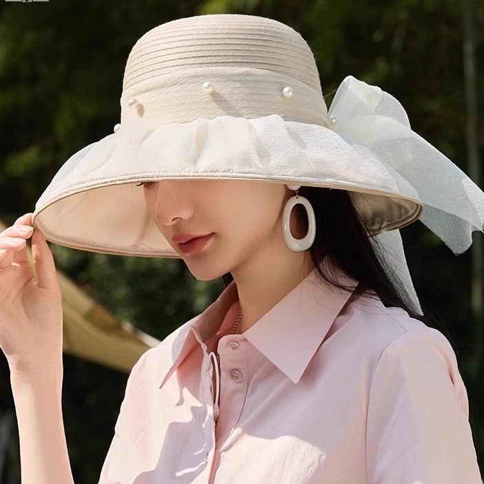 网纱蝴蝶结珍珠渔夫帽子女