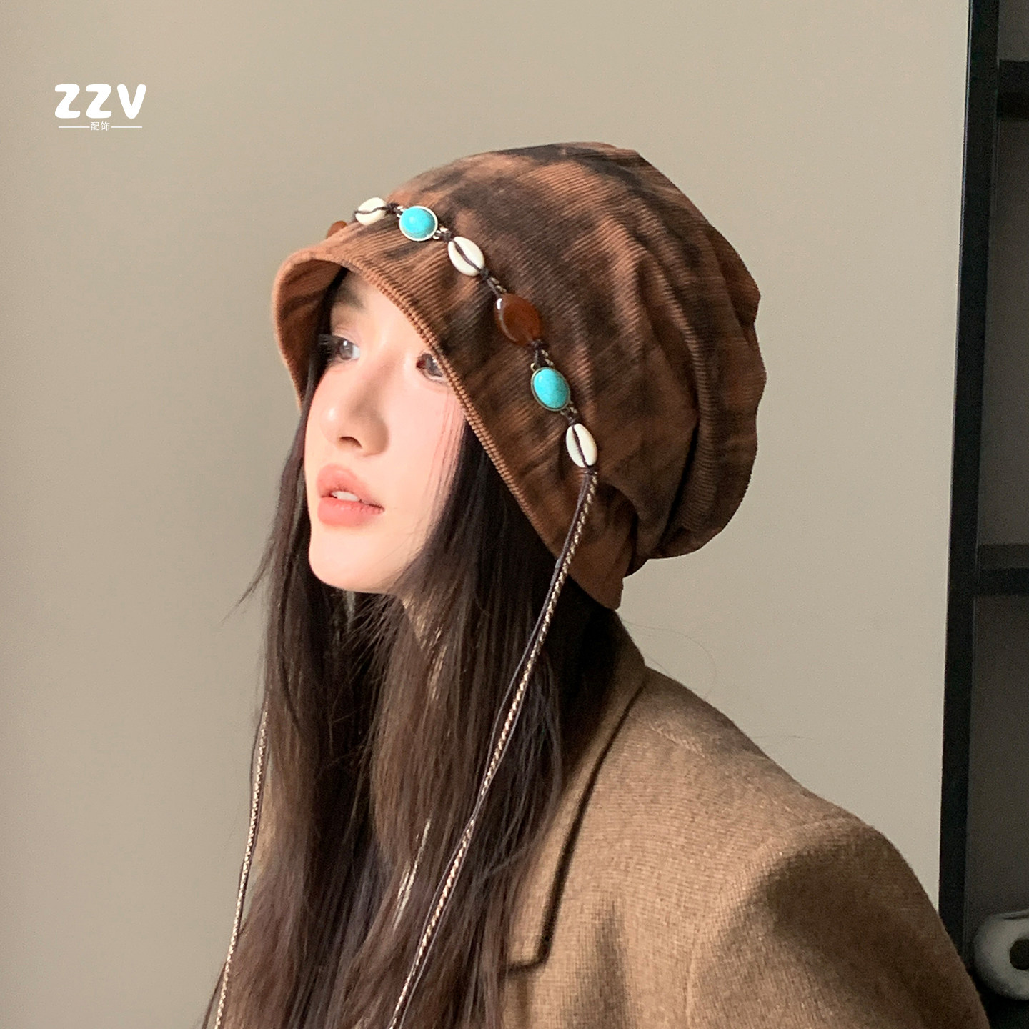 复古串珠流苏包头帽子女春秋季新款透气百搭显脸小民族风堆堆帽潮