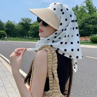 2025新款头巾帽女薄款高级感波点遮阳防晒帽子夏季海边大帽檐草帽