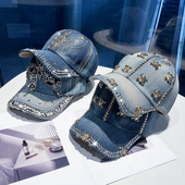 复古风鸭舌帽逛街遮阳防晒帽 韩版 新款 水钻破洞牛仔棒球帽子女夏季