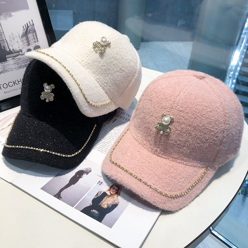 黑色帽子女冬季加厚保暖毛绒棒球帽韩版潮时尚水钻小熊女士鸭舌帽