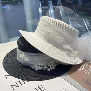 优雅白色网纱帽子女法式蕾丝草帽夏珍珠花朵飘带名媛草编防晒帽女