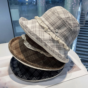 日系格纹渔夫帽子女韩版蕾丝花边显脸小盆帽春夏季宽檐防晒遮阳帽