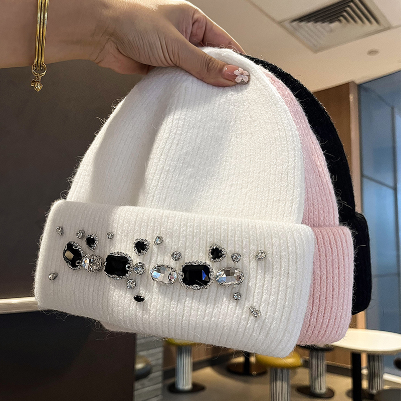 韩版兔毛毛线帽纯手工大水钻针织帽女秋冬季保暖加厚护耳套头冷帽