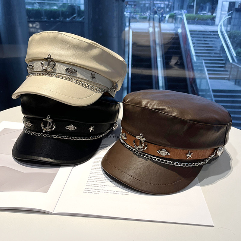 2025秋冬新款海军风船锚链条平顶帽子女炫酷皮帽英伦报童帽鸭舌帽