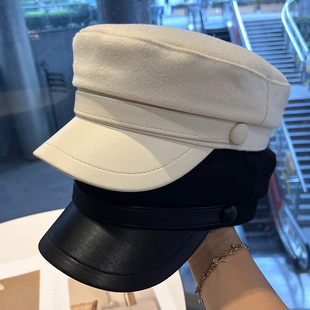 复古PU皮报童帽女秋冬英伦平顶鸭舌贝雷帽子简约纯色毛呢八角帽潮