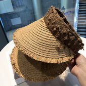 新款 毛边拉菲草帽女夏季 大帽檐遮阳防晒空顶帽海边度假草编太阳帽
