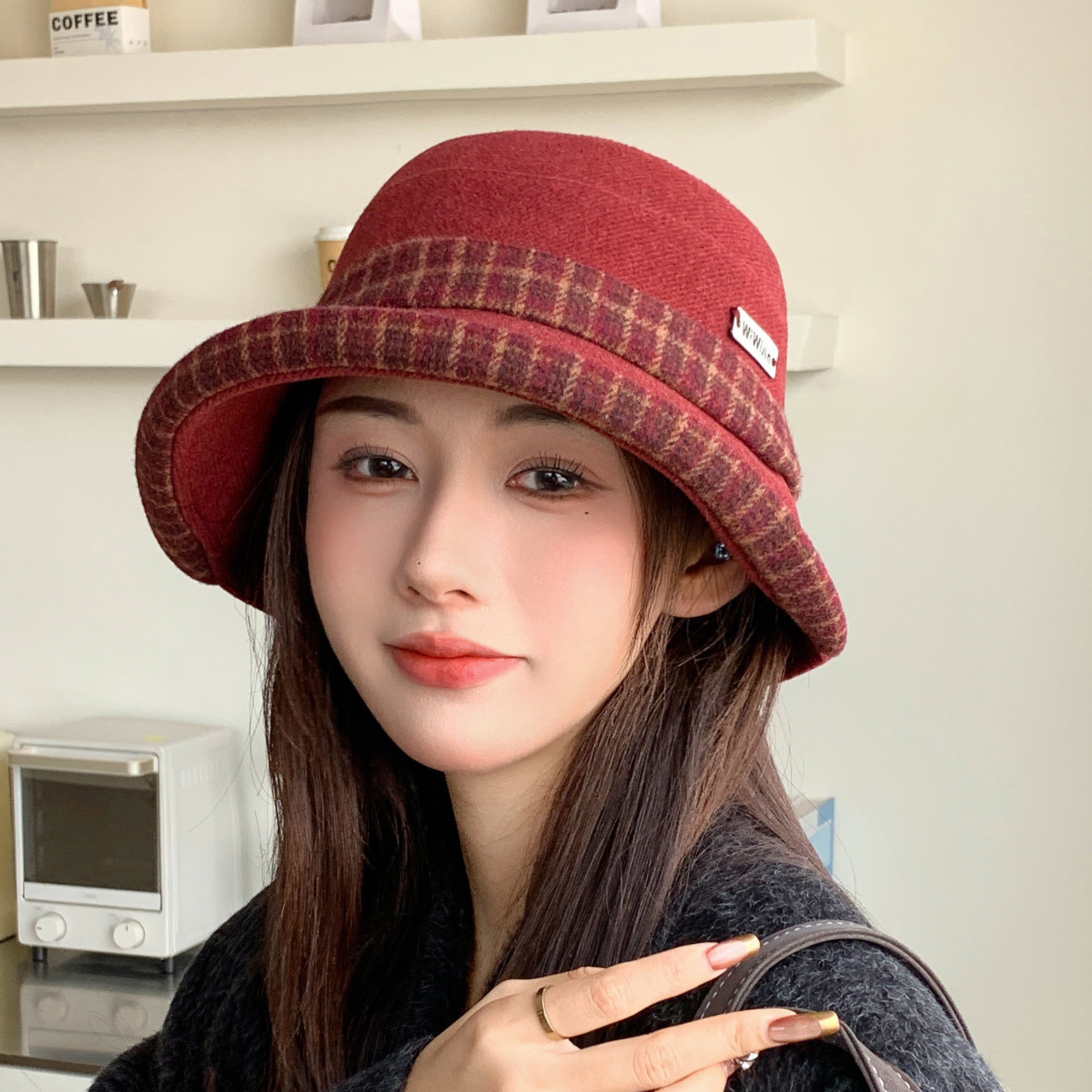 秋冬赫本风毛呢格子保暖渔夫帽子