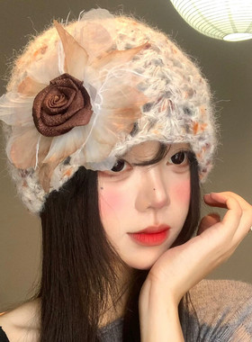 立体花朵镂空针织堆堆帽子女秋冬