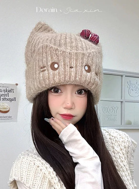 日系猫咪加厚保暖护耳针织帽子女