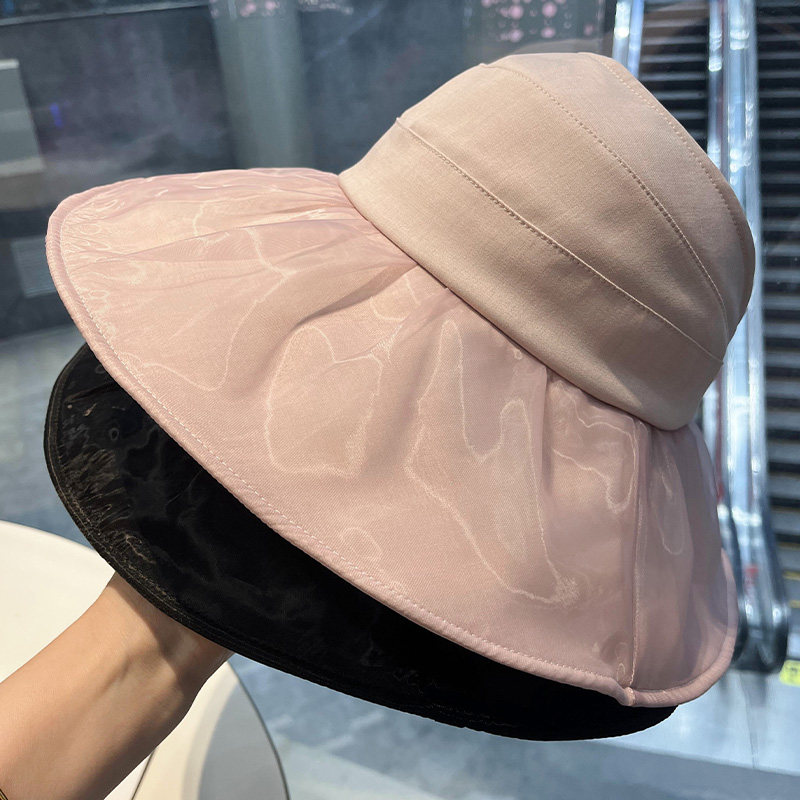 春夏季新款褶皱网纱大檐空顶帽子女出游骑车防晒遮阳帽百搭渔夫帽