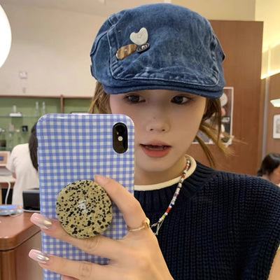 鸭舌帽百搭女纽扣水洗牛仔做旧