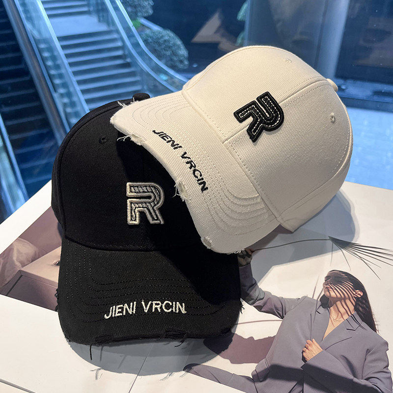 夏季破洞刺绣R字母硬顶鸭舌帽女