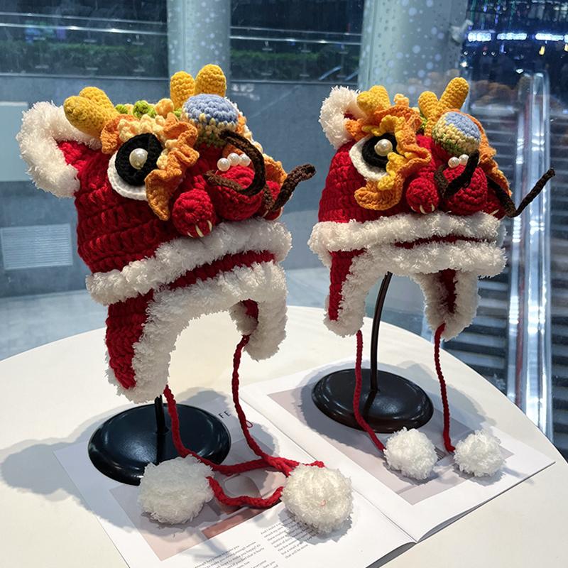 保暖中国风纯手工醒狮龙头帽子