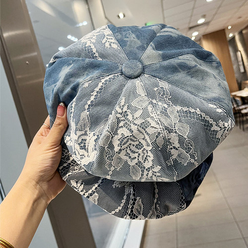 蕾丝牛仔贝雷帽日系百搭女春夏