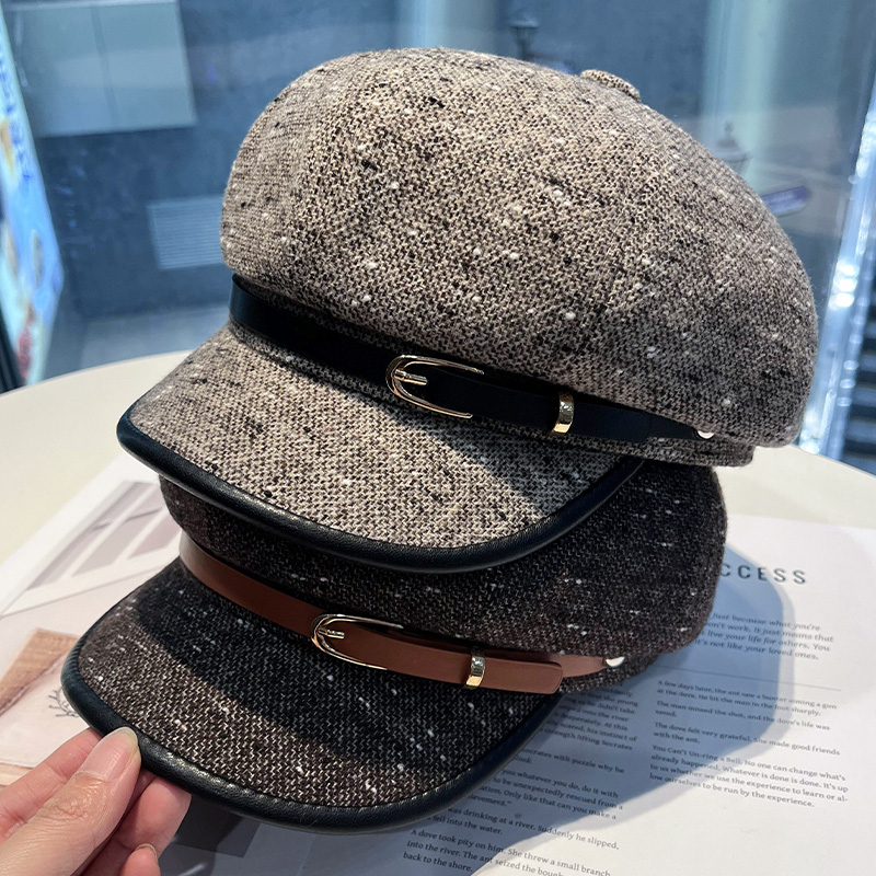 棉麻八角帽皮带扣宽檐显脸小画家