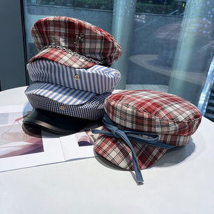 绑带蝴蝶结格纹八角平顶帽女夏季 复古显脸小遮阳云朵画家帽子 薄款