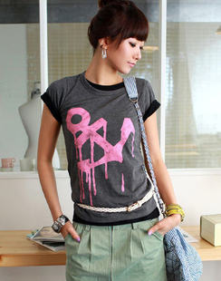 夏季女士学生t恤上衣短袖半袖纯棉百搭深灰白色短袖箭头图案