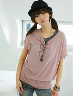 圆领宽松大码胖MM女装纯粉色韩国进口现货宽松蝙蝠短袖T恤韩版衫