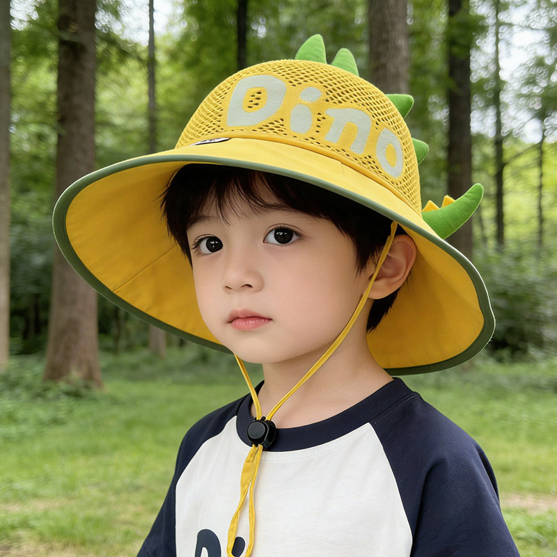 儿童防晒帽夏季大帽檐恐龙遮阳帽女童防紫外线透气网眼男宝渔夫帽